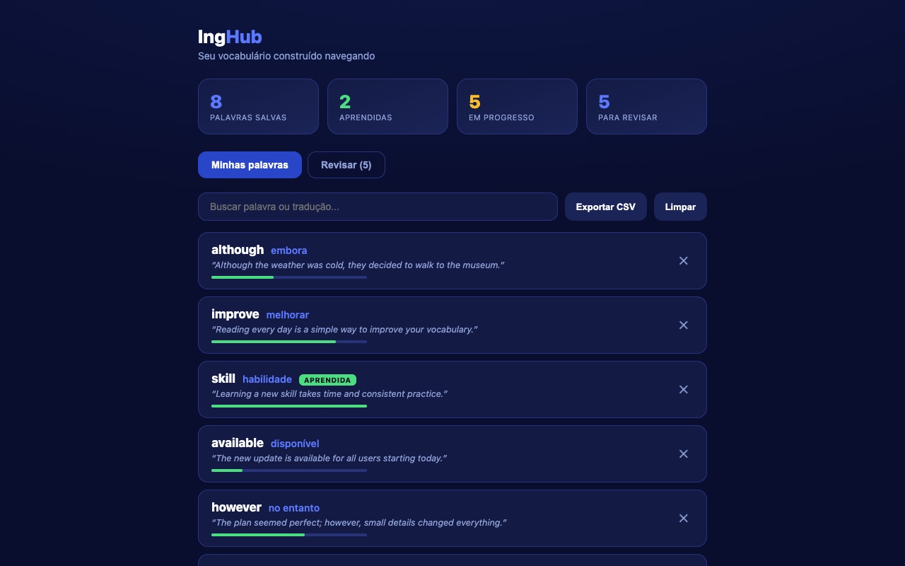 Painel de vocabulário do IngHub com palavras salvas e progresso